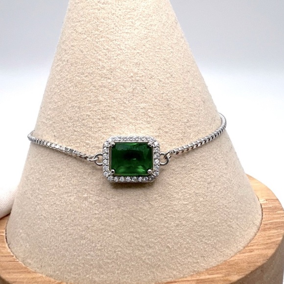 Sale $44 Firm! .925 Sterling Silver Green & Clear Cz Adjustable Bracelet - Picture 7 of 17